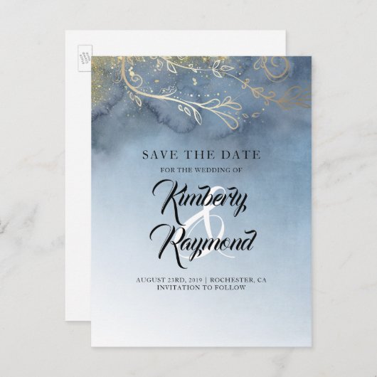 ほこりっぽい青と金ゴールドの保存日 案内ポストカード (正面/裏面)