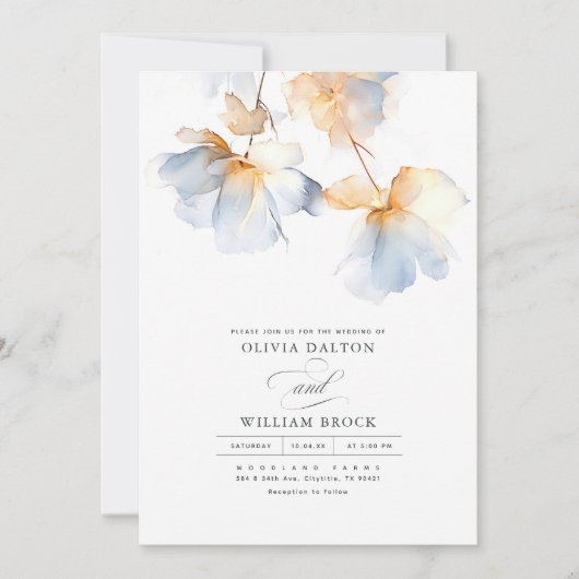 ほこりっぽい青と金ゴールドの花ミニマル結婚リスト 招待状 (正面)