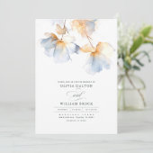 ほこりっぽい青と金ゴールドの花ミニマル結婚リスト 招待状 (スタンド正面)