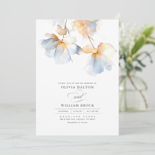 ほこりっぽい青と金ゴールドの花ミニマル結婚リスト 招待状 (スタンド正面)