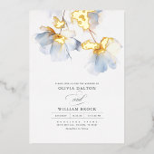 ほこりっぽい青と金ゴールドの花ミニマル結婚リスト 箔招待状 (正面)