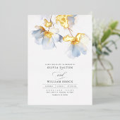 ほこりっぽい青と金ゴールドの花ミニマル結婚リスト 箔招待状 (立ち正面)