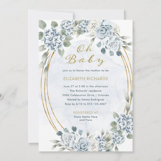 ほこりっぽい青と金ゴールドフローラ | ああ赤ちゃんシャワー 招待状 (正面)