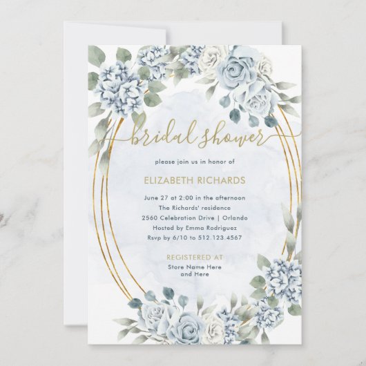 ほこりっぽい青と金ゴールドフローラ | エレガントブライダルシャワー 招待状 (正面)