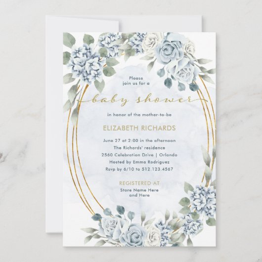ほこりっぽい青と金ゴールドフローラ | 赤エレガントちゃんシャワー 招待状 (正面)