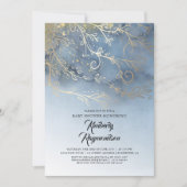 ほこりっぽい青と金ゴールドモダンのエレガント赤ちゃん 招待状 (正面)