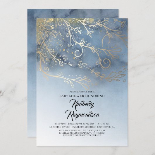 ほこりっぽい青と金ゴールドモダンのエレガント赤ちゃん 招待状 (正面/裏面)