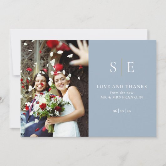 ほこりっぽい青と金ゴールドモノグラム2写真結婚ズ 招待状 (正面)