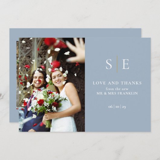 ほこりっぽい青と金ゴールドモノグラム2写真結婚ズ 招待状 (正面/裏面)