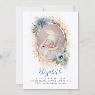 ほこりっぽい青と金ゴールド写真ベビー誕生のお知らせ 案内状