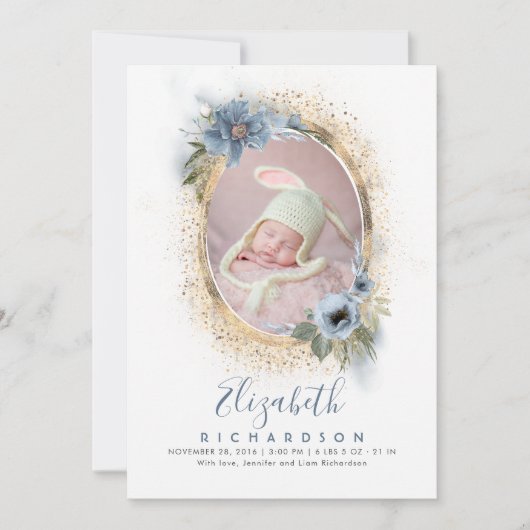 ほこりっぽい青と金ゴールド写真ベビー誕生のお知らせ 案内状 (正面)