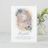 ほこりっぽい青と金ゴールド写真ベビー誕生のお知らせ 案内状 (スタンド正面)