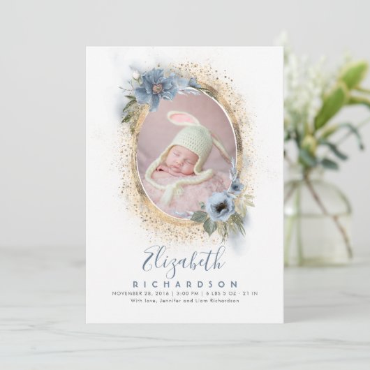 ほこりっぽい青と金ゴールド写真ベビー誕生のお知らせ 案内状 (スタンド正面)