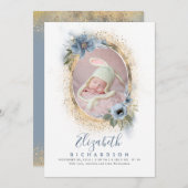 ほこりっぽい青と金ゴールド写真ベビー誕生のお知らせ 案内状 (正面/裏面)