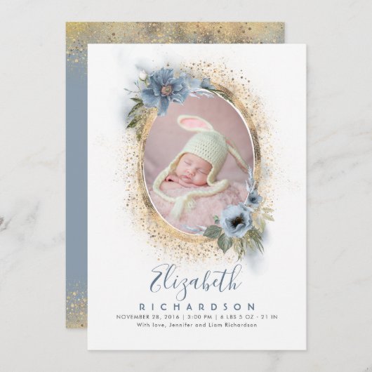 ほこりっぽい青と金ゴールド写真ベビー誕生のお知らせ 案内状 (正面/裏面)
