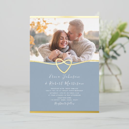 ほこりっぽい青と金ゴールド結婚式招待状（写真あり） 箔招待状 (立ち正面)