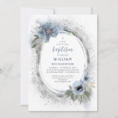 ほこりっぽい青と銀のグリッターバプテスマ 招待状 (正面)