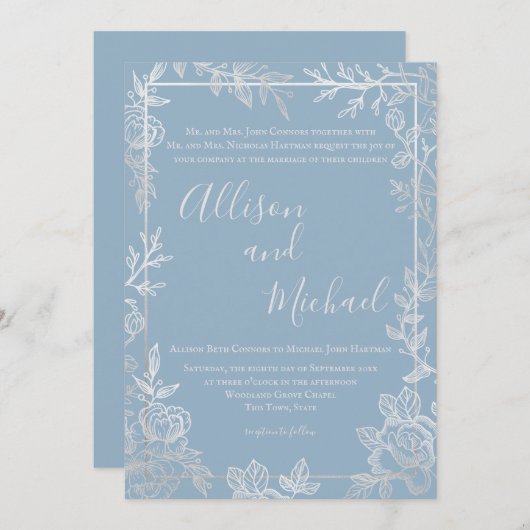 ほこりっぽい青と銀のフローラスケッチフレーム 招待状 (正面/裏面)