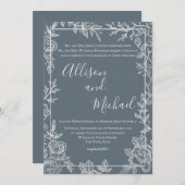 ほこりっぽい青と銀のフローラスケッチフレーム 招待状 (正面/裏面)