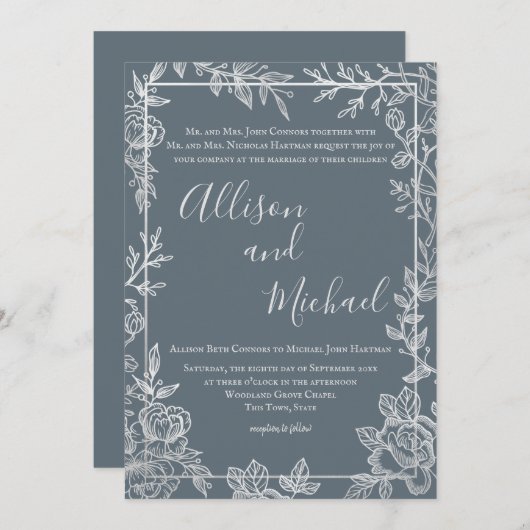 ほこりっぽい青と銀のフローラスケッチフレーム 招待状 (正面/裏面)