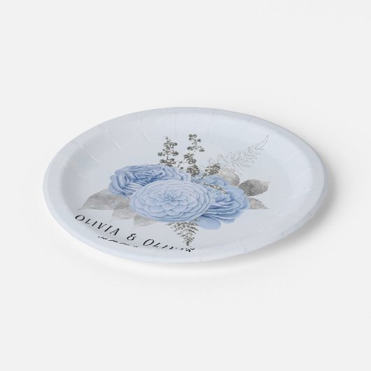 ほこりっぽい青と銀のフローラ結婚ズ ペーパープレート (アングル)