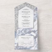 ほこりっぽい青と銀フェイクのグリッターマーブル結婚ズ オールインワン招待状 (内側)