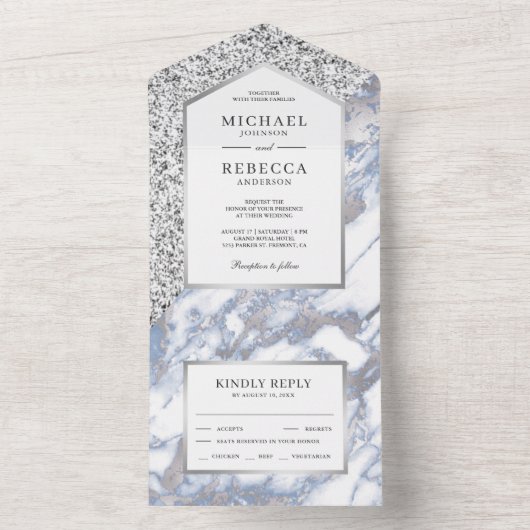 ほこりっぽい青と銀フェイクのグリッターマーブル結婚ズ オールインワン招待状 (内側)