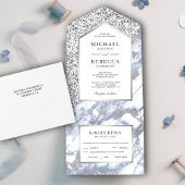 ほこりっぽい青と銀フェイクのグリッターマーブル結婚ズ オールインワン招待状