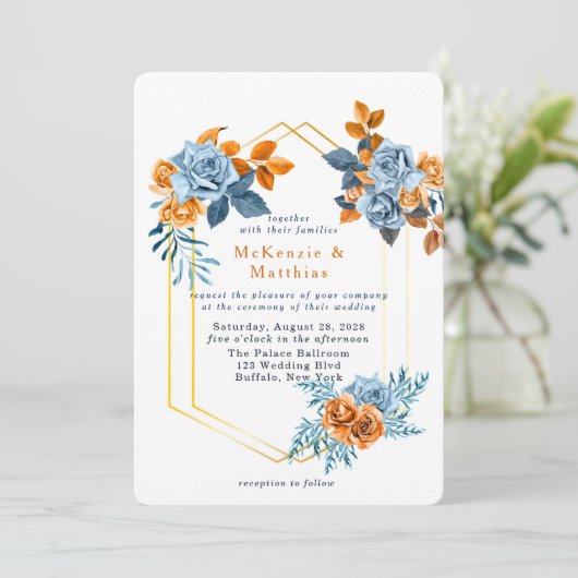 ほこりっぽい青と錆びた牡丹フローラ結婚金ゴールド 招待状 (スタンド正面)