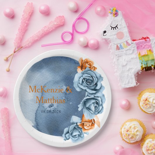 ほこりっぽい青と錆びた牡丹結婚フローラ ペーパープレート (パーティー)