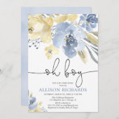 ほこりっぽい青と黄色のフローラ少年の赤ちゃんシャワー 招待状 (正面/裏面)