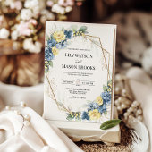 ほこりっぽい青と黄色のフローラ金ゴールド結婚フレーム 招待状