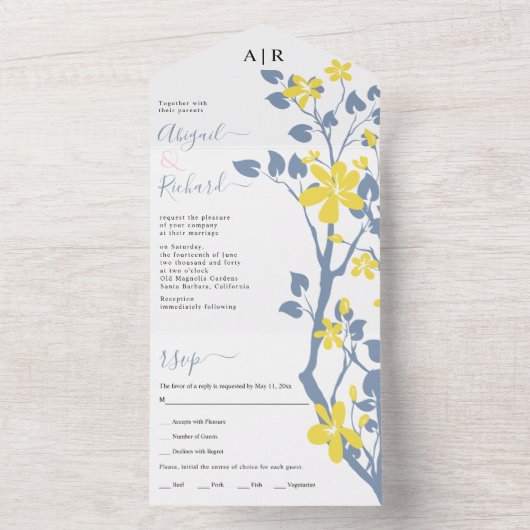 ほこりっぽい青と黄色の枝と花結婚付き オールインワン招待状 (内側)
