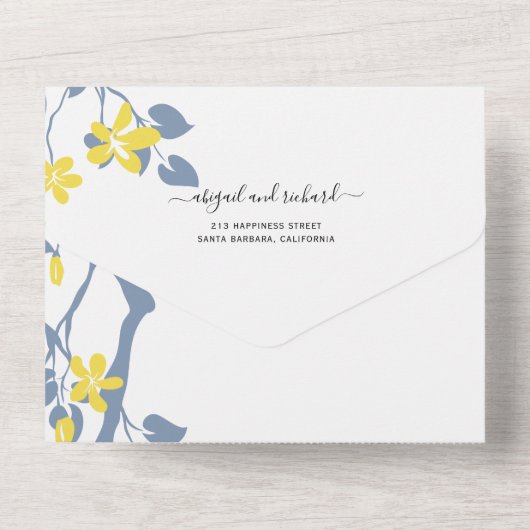 ほこりっぽい青と黄色の枝と花結婚付き オールインワン招待状 (裏面)