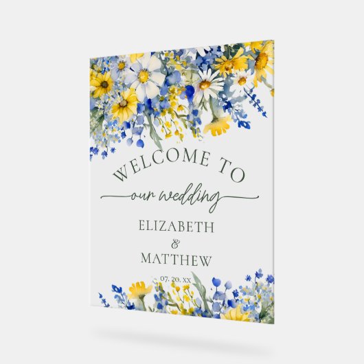 ほこりっぽい青と黄色の水の色ワイルドフラワーへようこそ アクリルサイン (傾斜)