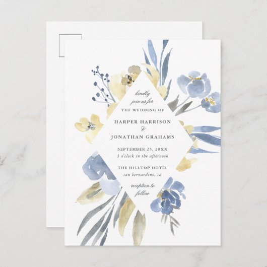 ほこりっぽい青と黄色の水色のフローラ結婚ズ インビテーションポストカード (正面/裏面)