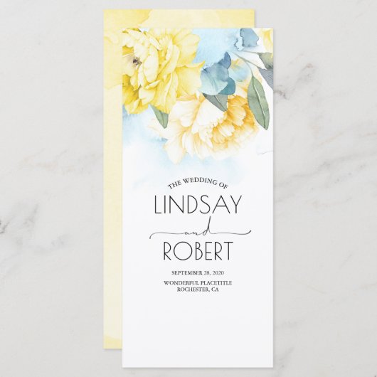 ほこりっぽい青と黄色の花の結婚式 プログラム (正面/裏面)