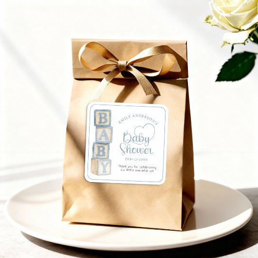 ほこりっぽい青のベビーブロック ベビーシャワー お土産シール スクエアシール