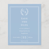 ほこりっぽい青のモノグラム予算ウェディング Save the Date チラシ (正面)