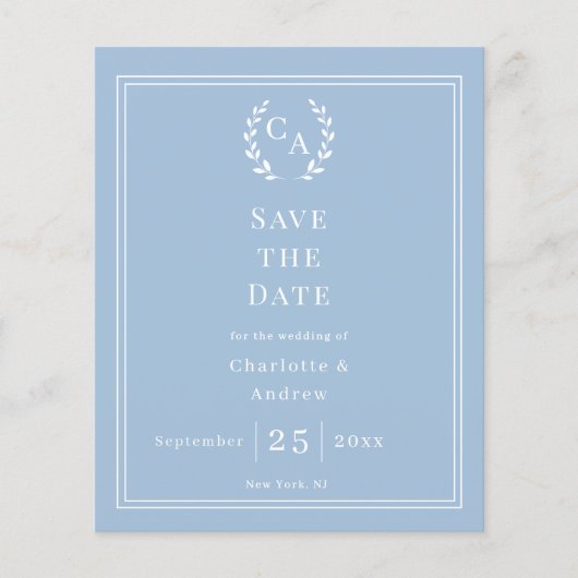 ほこりっぽい青のモノグラム予算ウェディング Save the Date チラシ (正面)