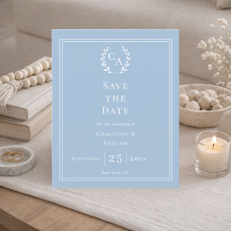ほこりっぽい青のモノグラム予算ウェディング Save the Date チラシ