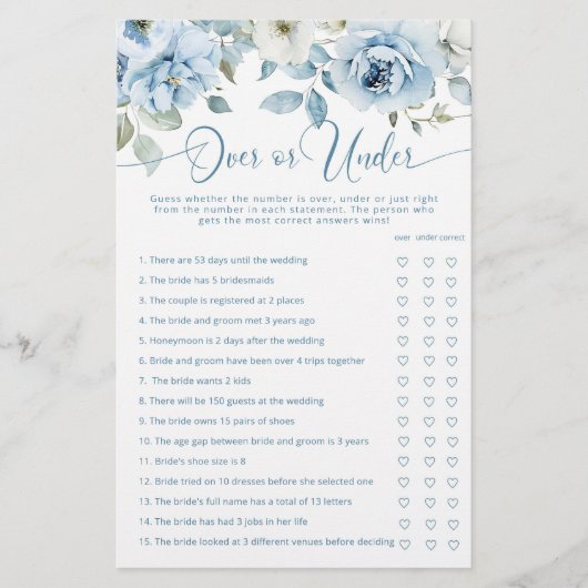 ほこりっぽい青の上またはブライダルシャワーゲーム (正面)