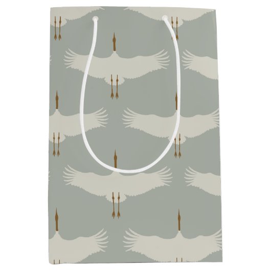 ほこりっぽい青の中性の鳥の鶴のアールデコパターン ミディアムペーパーバッグ (正面)