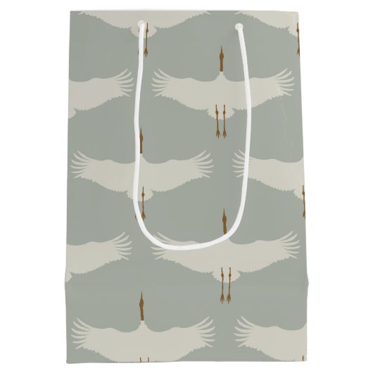 ほこりっぽい青の中性の鳥の鶴のアールデコパターン ミディアムペーパーバッグ (裏面)