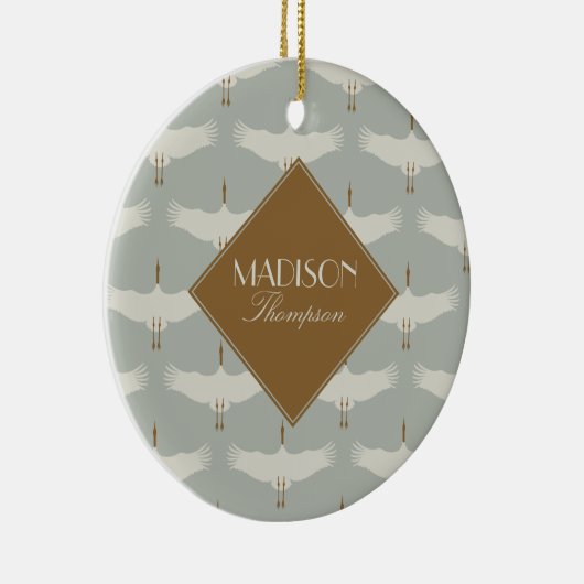 ほこりっぽい青の中性の鳥の鶴のアールデコモノグラム セラミックオーナメント (右)