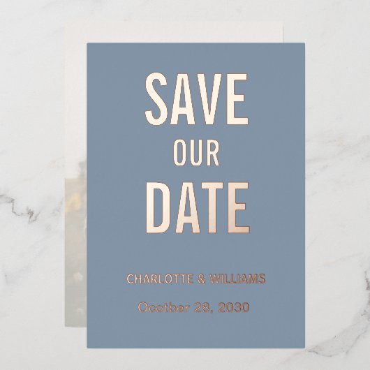 ほこりっぽい青の写真オーバーレイ 保存日付 ゴールド 箔招待状 (正面/裏面)