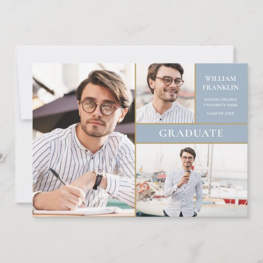 ほこりっぽい青の大学院金ゴールド3写真卒業 案内状 (正面)