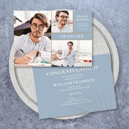 ほこりっぽい青の大学院金ゴールド3写真卒業 案内状