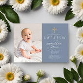 ほこりっぽい青の宗教十字少年の写真バプテスマ 招待状