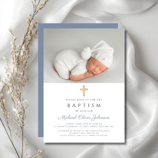ほこりっぽい青の宗教十字少年の写真バプテスマ 招待状